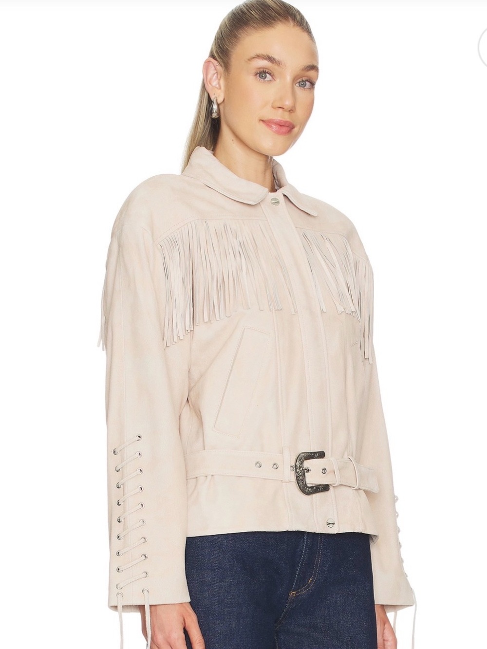 Lamarque $750 Jacket Unworn Beige Suede Fringe Lace-Up Belted Jacket in S and M